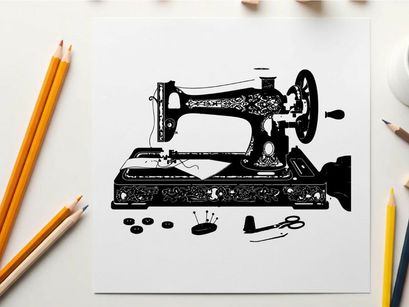 Vintage sewing machine with accessories in silhouette