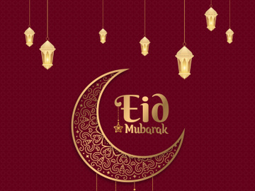 Realistic 3d eid mubarak moon and lantern greeting Premium Vector preview picture