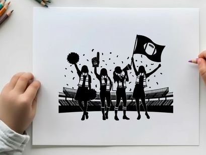 Cheerleaders celebrating with football flag and pom poms silhouette
