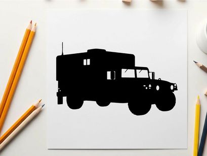 Silhouette of a large military truck with a boxy cargo area silhouette