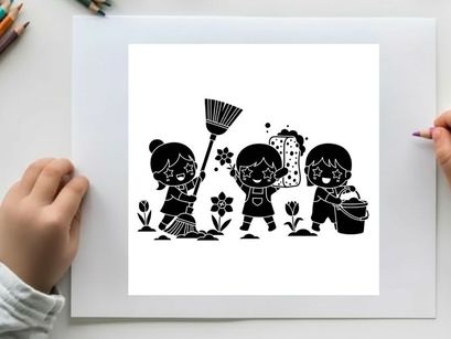 Three children gardening with tools in silhouette