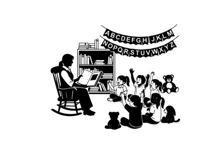 Silhouette of a woman reading to children in a library with alphabet banner