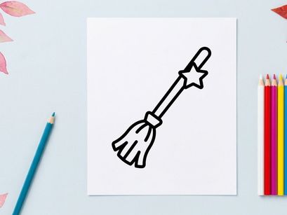 Witch broomstick icon with star. Halloween magic broom symbol for holiday design.