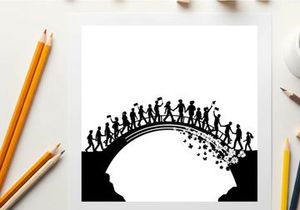 Silhouette of people walking across a bridge in a line