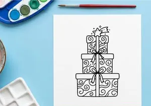 Stapel Weihnachtsgeschenkboxen mit Bändern und Stern-Aufsatz, Schwarz-Weiß-Liniengrafik.