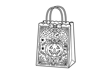 Bolsa de regalo de Halloween con diseño de calabaza. Tote de dulces para truco o trato con intrincado patrón de encaje blanco sobre fondo transparente.