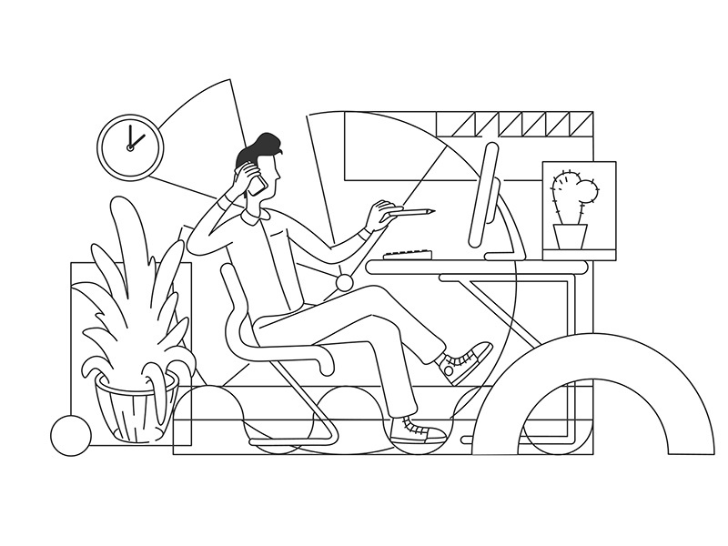 Employee working in home office thin line vector illustration