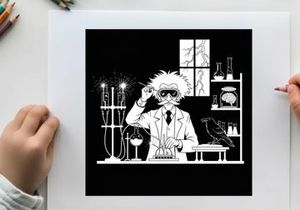 Silhouette of a mad scientist in his laboratory with a crow