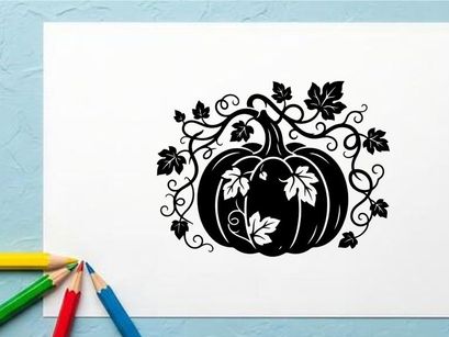 Silhouette labu dengan detail sulur melingkar dan daun untuk dekorasi musim gugur