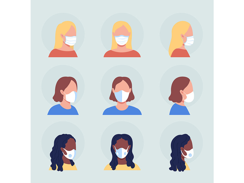 Ladies with white masks flat color vector character avatar set