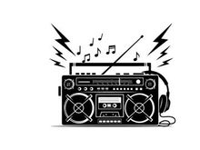 Retro boombox silhouette with music notes and headphones