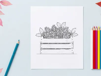 Christmas pine cones and holly leaves in a wooden crate line art illustration