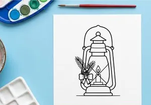 Ilustrasi seni garis lentera Natal dengan cabang-cabang pinus dan hiasan pita meriah