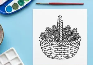 Line Art Illustration of a Wicker Basket Filled with Pine Cones
