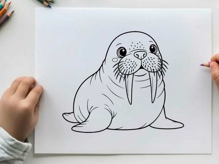Cute walrus face smiling flat design vector illustration