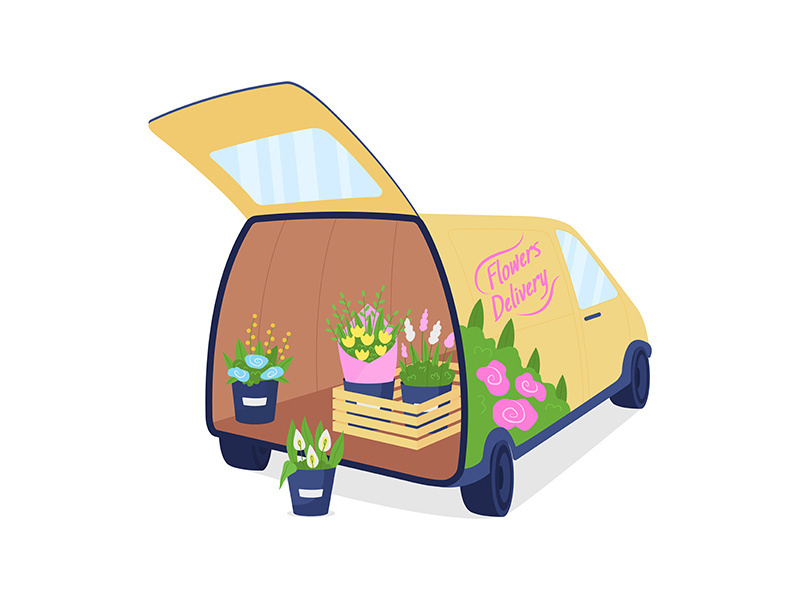 Flower delivery auto with opened trunk flat color vector object