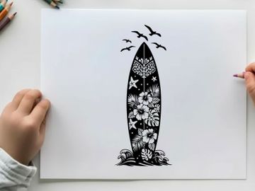 Surfboard silhouette with floral design and flying birds preview picture