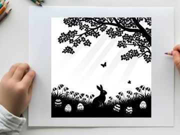 Easter bunny silhouette under tree with eggs and butterflies preview picture
