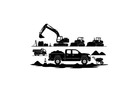 Construction site silhouette with heavy machinery and vehicles