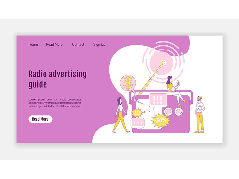 Radio advertising guide landing page flat silhouette vector template