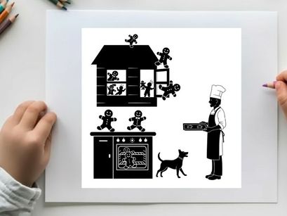 Silhouette of a chef baking gingerbread men in a house