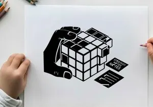 Silhouette of hand holding a rubik's cube with notes