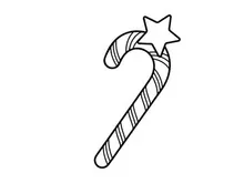 Christmas candy cane with star icon, simple black and white line art vector illustration.