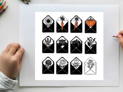 Collection of 12 unique silhouette designs in black and white with orange accents silhouette