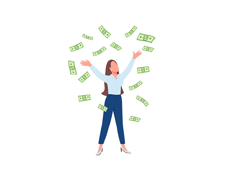 Business woman throwing cash up flat color vector faceless character