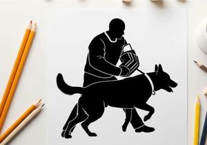 Silhouette of a man walking a dog with a bag