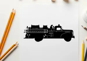 Silhouette of a vintage fire truck with equipment and crew
