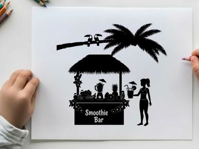 Silhouette of a woman at a tropical smoothie bar with palm tree