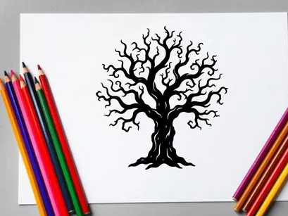 Silhouet Hitam Pohon Tanpa Daun dengan Ranting yang Melengkung