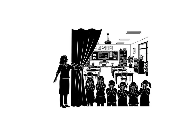 Silhouette of a teacher and children in a classroom with curtains