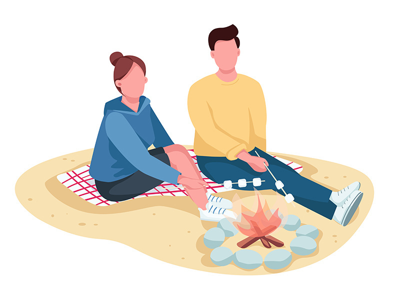 Couple roasting marshmallow on beach flat color vector faceless characters