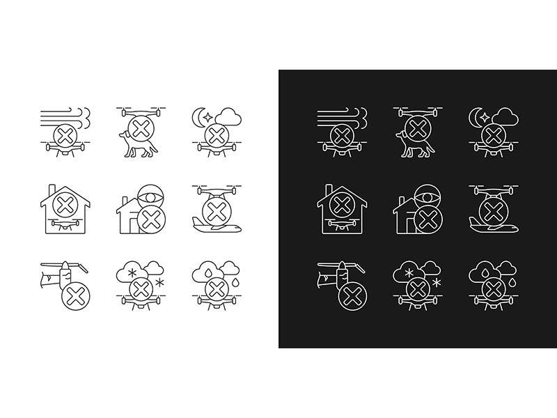 Drone restrictions linear manual label icons set for dark and light mode