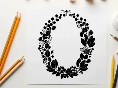 Silhouette of a floral wreath with a dragonfly silhouette