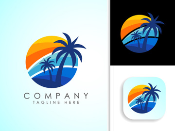 Beach logo design. Sun sunset sunrise with beach ocean sea water logo icon. preview picture