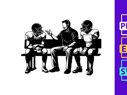 American football players and coach on bench during game break