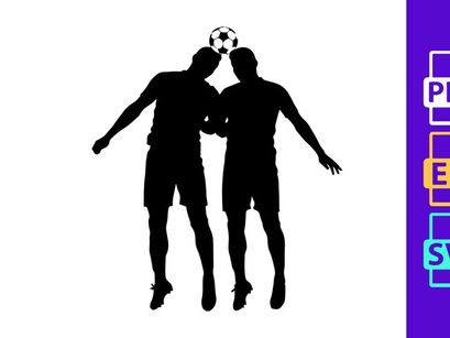 Two soccer players in silhouette heading a ball in mid air competition