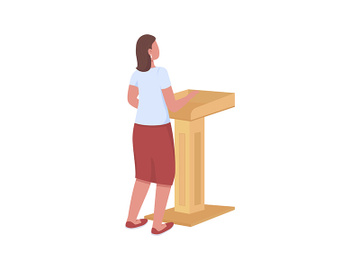Female speaker behind podium semi flat color vector character preview picture