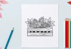 Christmas pine cones and holly berries in a wooden crate line art illustration