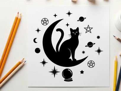 Mystic silhouette cat on crescent moon with celestial bodies