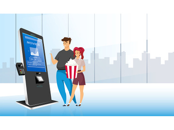 Smiling couple near ticket kiosk flat color vector illustration preview picture