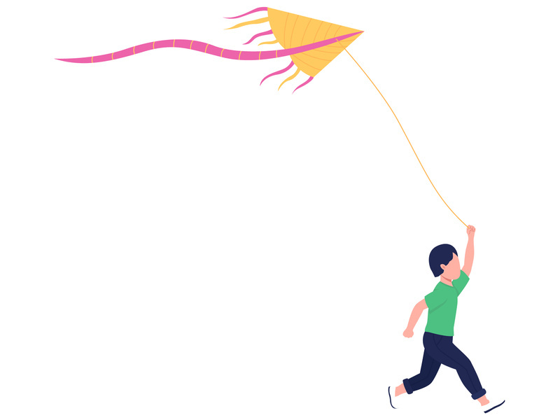 Little boy with flying kite flat color vector faceless character