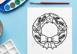 Weihnachtskranz-Linienkunst-Icon mit Stern und Schleife für Festtagsdesign und weihnachtliche Deko