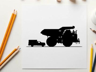 Silhouette of a large mining truck and small transport vehicle