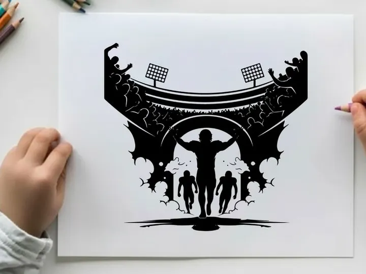 Silhouette of a triumphant athlete in a stadium with cheering crowd silhouette