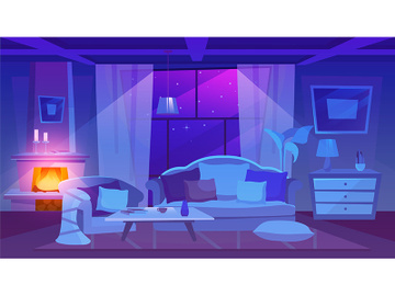 Living room furnishing night view flat vector illustration preview picture