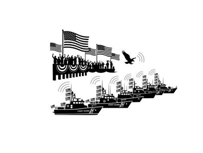 American patriotic silhouette of navy ships and flags
